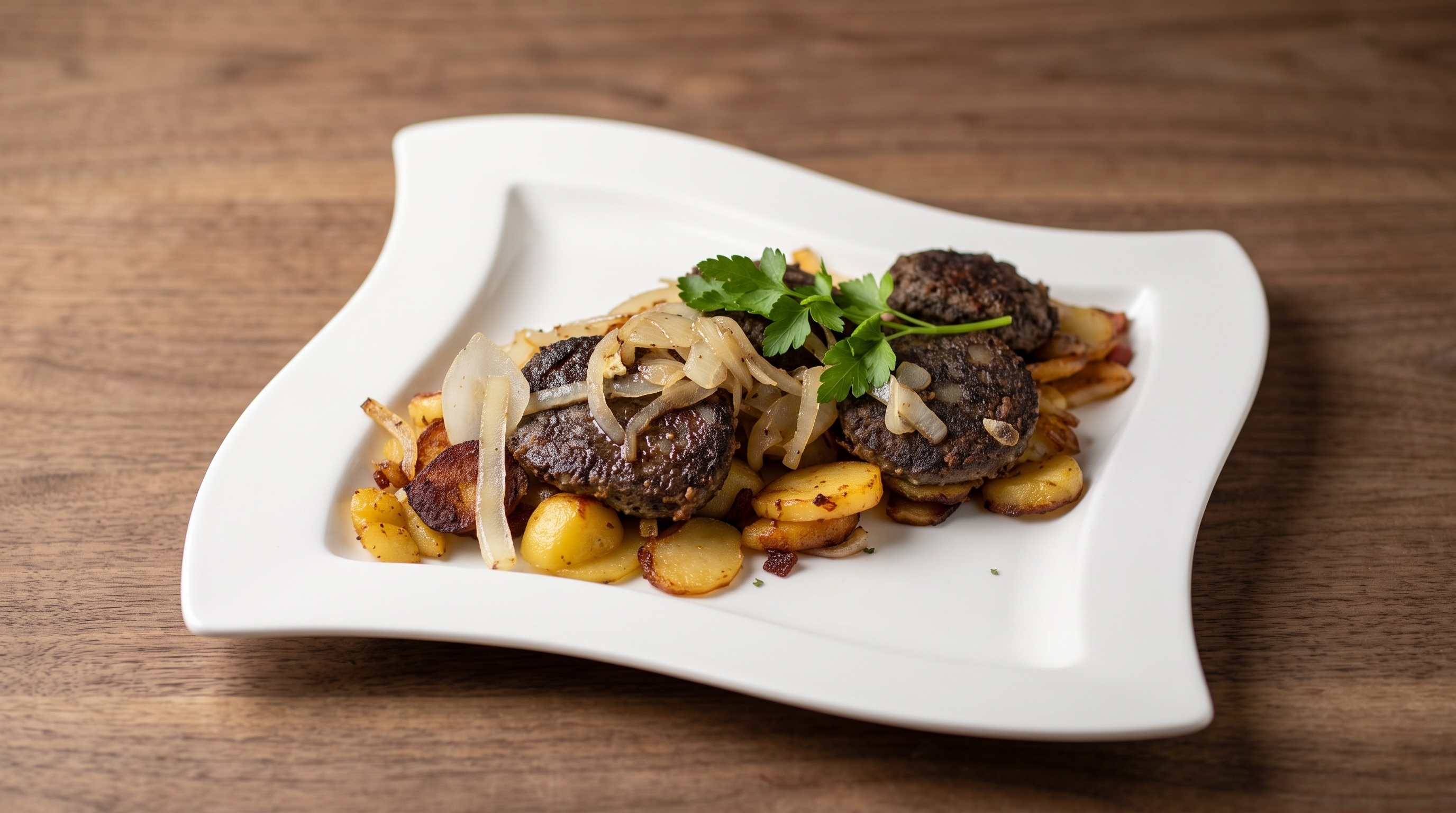 Gebratene Blutwurst mit Bratkartoffeln und Schmorzwiebeln