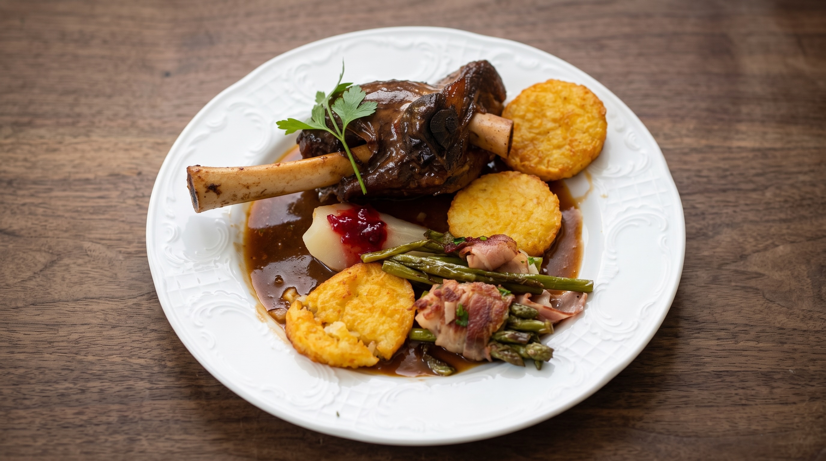 Lammhaxe mit Kräutersoße, Weißweinbirne, Kartoffelwedges und Speckböhnchen