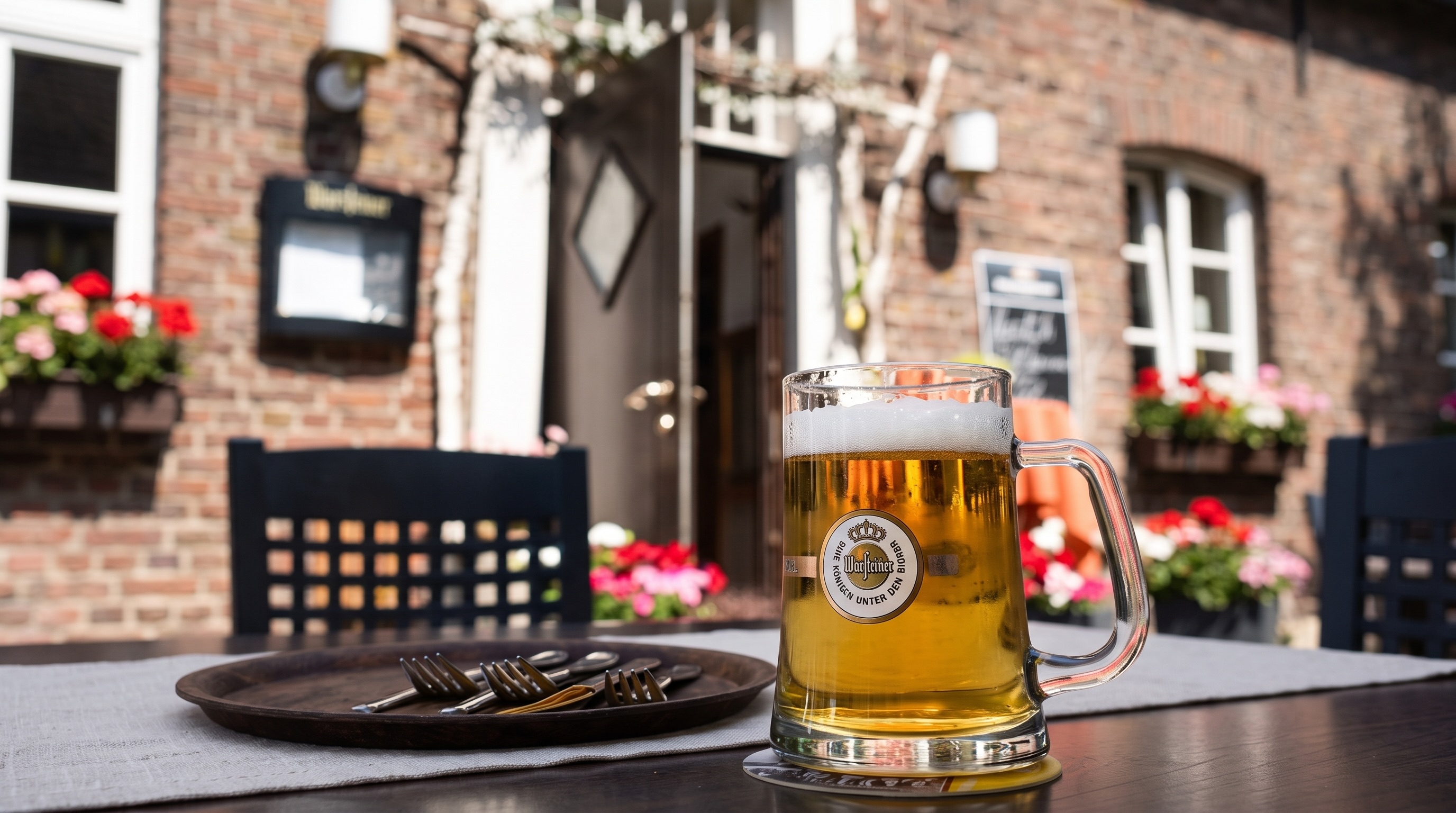 Bierkrug im Biergarten vor dem Backsteinhaus des Gasthofs Pannebäcker in Schermbeck